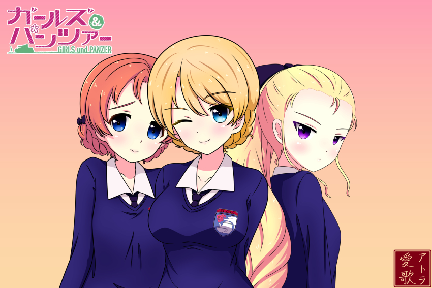 3girls, ;), aikazilla, arms_behind_back, artist_logo, artist_name, assam_(girls_und_panzer), black_bow