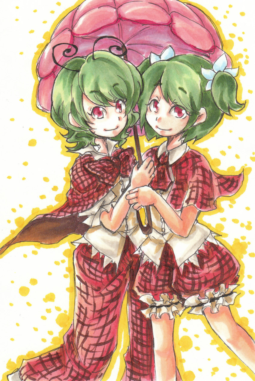 2girls, antennae, bad_id, bad_pixiv_id, cape, female_focus, green_hair, highres, holding, holding_umbrella, ichima, if_they_mated, kazami_yuuka, multiple_girls, painting_(medium), pants, parasol, plaid_clothes, plaid_pants, plaid_vest, red_eyes, shorts, smile, touhou, traditional_media, twintails, umbrella, vest, watercolor_(medium), wriggle_nightbug