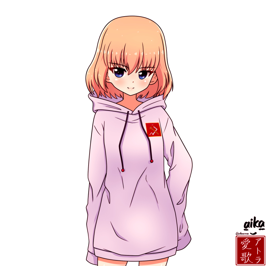 1girl, aikazilla, artist_logo, artist_name, blonde_hair, blue_eyes, bob_cut, casual