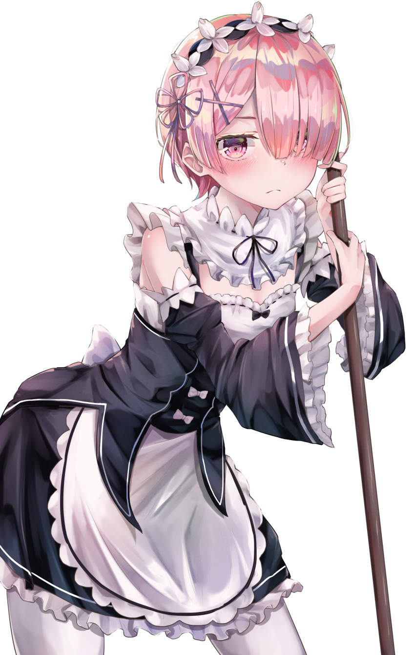 1girl, absurdres, apron, black_dress, blush, breasts, broom, cleavage