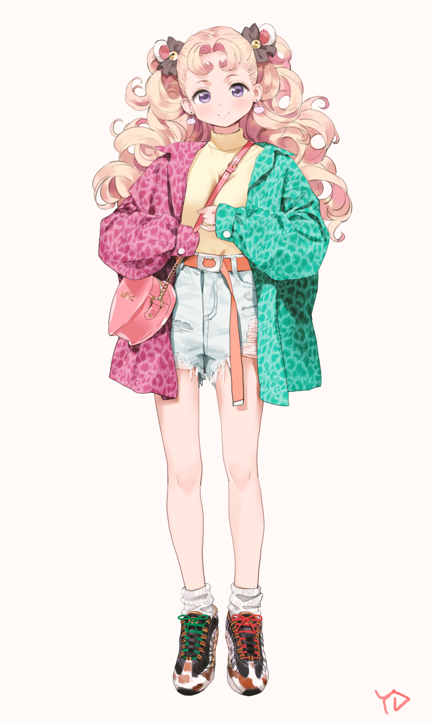 1girl, absurdres, air_max_95, animal_ears, bag, bell, belt, between_breasts, blonde_hair, blue_shorts, bow, breasts, closed_mouth, curly_hair, earrings, full_body, green_jacket, hair_bell, hair_bow, hair_ornament, highres, jacket, jewelry, jingle_bell, long_hair, looking_at_viewer, multicolored_jacket, nike_(company), open_clothes, open_jacket, orange_belt, original, parted_bangs, pink_jacket, purple_eyes, shoes, short_shorts, shorts, shoulder_bag, simple_background, smile, sneakers, socks, solo, standing, strap_between_breasts, sweater, torn_clothes, torn_shorts, white_background, white_socks, yd_(orange_maru), yellow_sweater