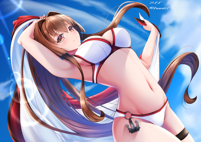 1girl, anchor, armpits, bikini, blush, breasts, brown_eyes, brown_hair