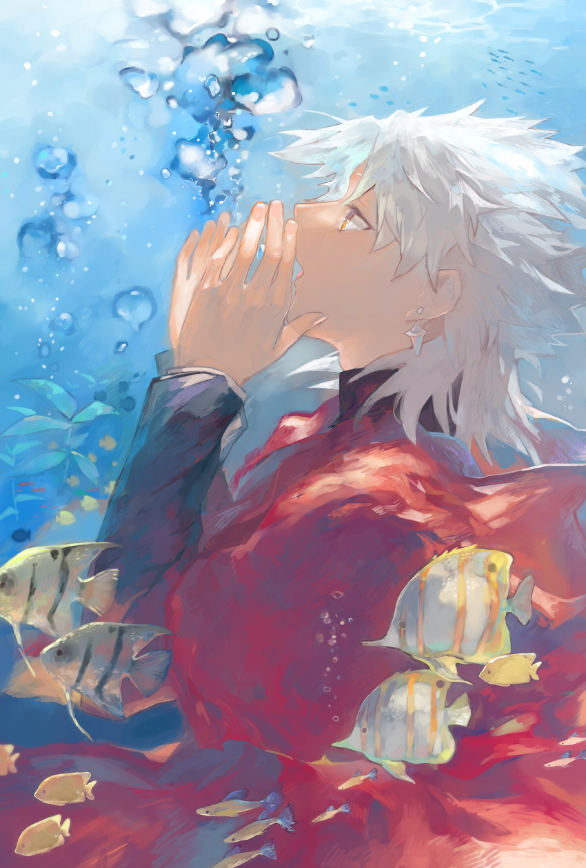 1boy, air_bubble, amakusa_shirou_(fate), bubble, cape, crystal_earrings, earrings, fate/apocrypha