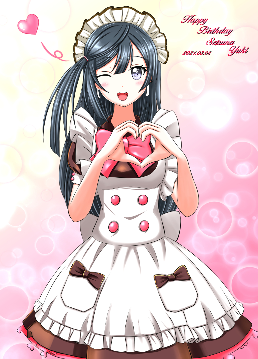 1girl, ;), absurdres, apron, artist_name, artist_request, at-home_cafe, back_bow