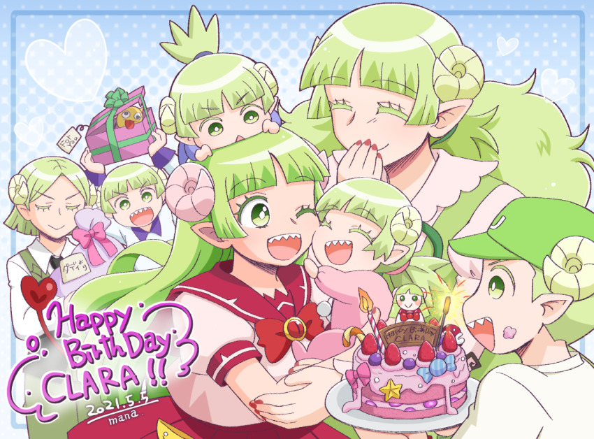 baby, baseball_cap, birthday, birthday_cake, birthday_party, bow, cake, candle, candy, candy_cane, closed_eyes, covering_own_mouth, demon_horns, english_text, family, food, gift, green_hair, hat, heart, horns, looking_at_another, mairimashita!_iruma-kun, manaka_(pdx), mature_female, mother_and_child, mother_and_daughter, mother_and_son, nail_polish, one_eye_closed, open_mouth, parent_and_child, pointy_ears, red_nails, sailor_collar, school_uniform, sharp_teeth, smile, teeth, valac_clara, valac_clara's_mother, valac_keebow, valac_konchie, valac_ran_ran, valac_sin_sin, valac_urara
