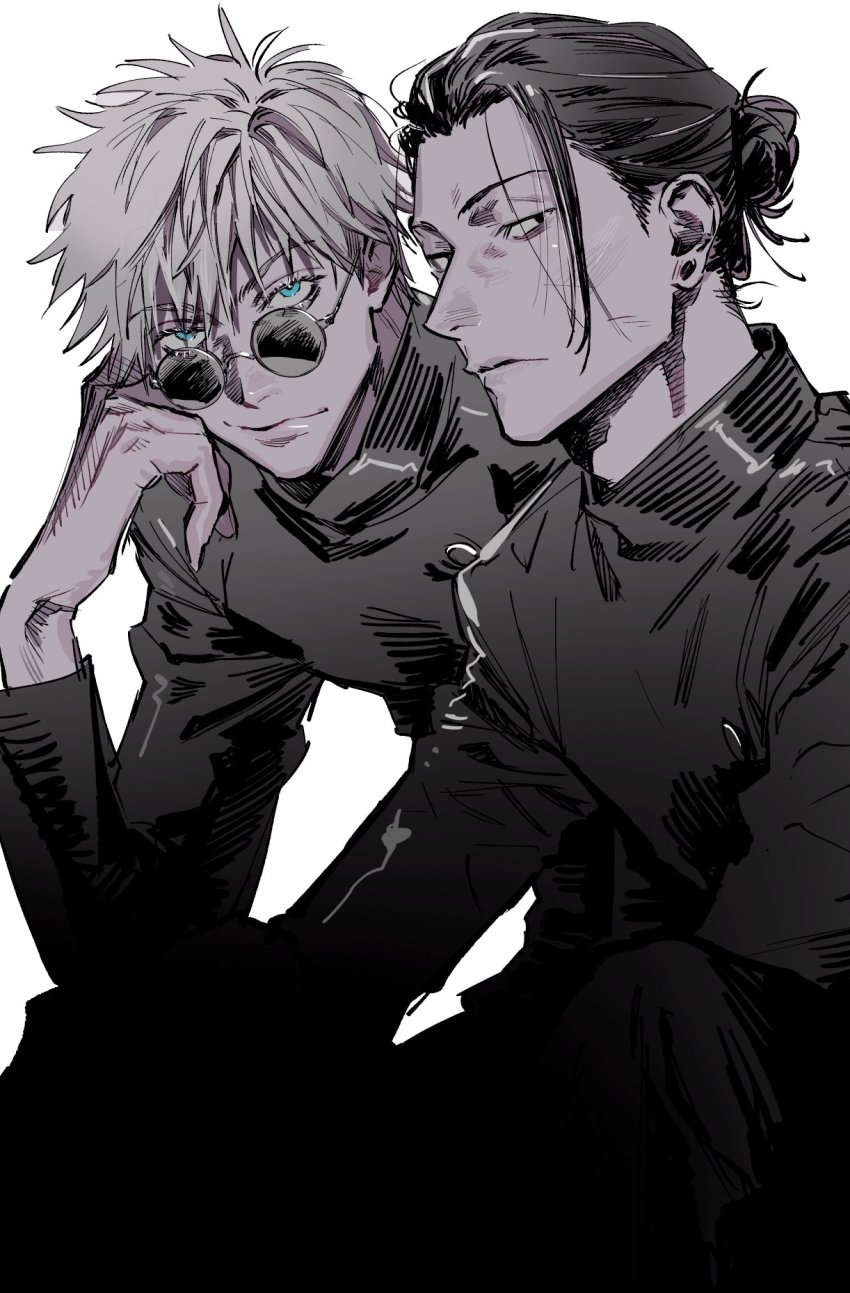 2boys, black_eyes, black_hair, black_jacket, blue_eyes, closed_mouth, cowboy_shot, ear_piercing
