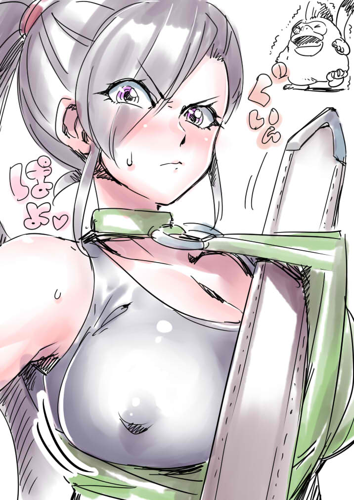 1girl, bare_shoulders, breasts, choker, closed_mouth, dragon_quest, dragon_quest_xi, large_breasts, long_hair, looking_at_viewer, martina_(dq11), platypunk, ponytail, purple_eyes, purple_hair, sheath, simple_background, tukiwani, very_long_hair, white_background