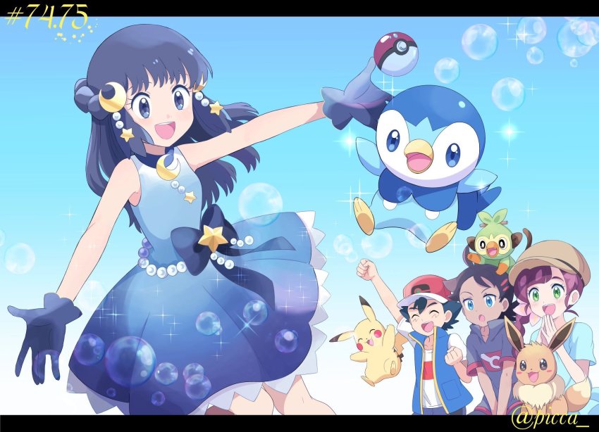 2boys, 2girls, :d, arm_up, ash_ketchum, bare_arms, baseball_cap, black_hair