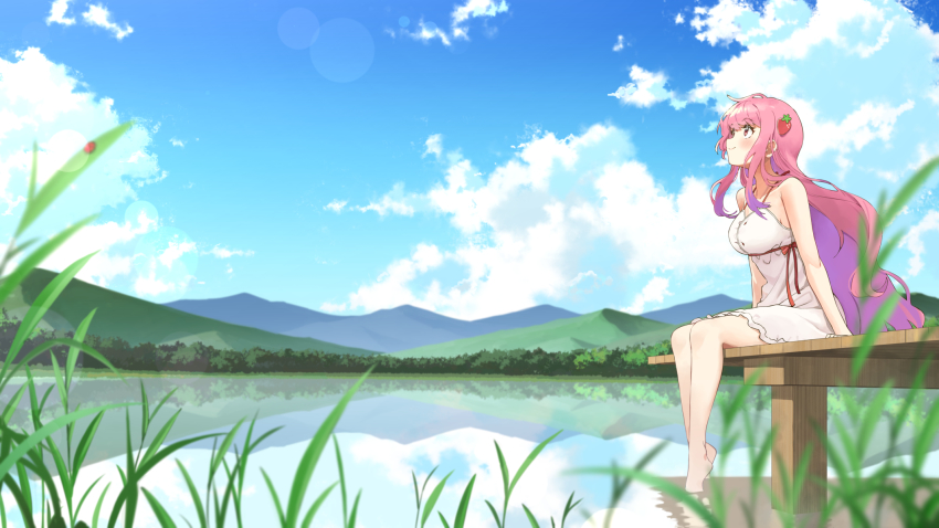 1girl, barefoot, blue_sky, blush, closed_mouth, cloud, commission, day, dress, erendira, food-themed_hair_ornament, hair_ornament, highres, indie_virtual_youtuber, lake, long_hair, looking_up, outdoors, pink_hair, red_eyes, red_ribbon, rei_no_himo, ribbon, short_dress, sky, sleeveless, sleeveless_dress, smile, soaking_feet, solo, spaghetti_strap, strawberry_hair_ornament, sundress, twin_(tt_lsh), very_long_hair, virtual_youtuber, white_dress