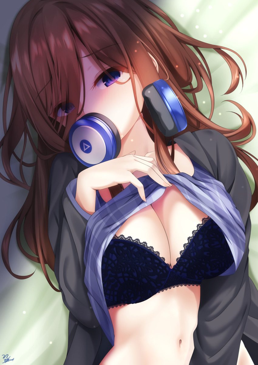1girl, absurdres, black_bra, blue_eyes, bra, breasts, brown_hair, brown_jacket