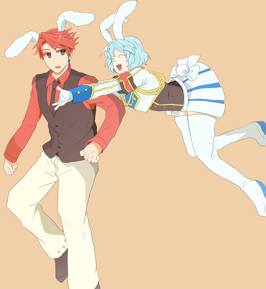 00s, 1boy, 1girl, animal_ears, armband, bad_id, bad_pixiv_id, blue_hair