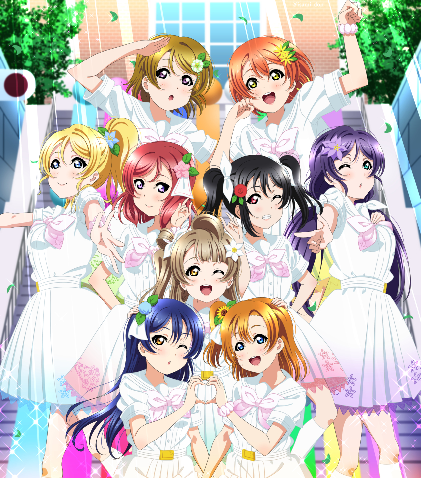 6+girls, :d, :o, a_song_for_you!_you?_you!, absurdres, ayase_eli, black_hair, blonde_hair, blue_eyes, blue_flower, blue_hair, blurry, blurry_background, blush, bow, brown_hair, closed_mouth, collared_shirt, day, dress, flower, grin, hair_between_eyes, hair_bow, hair_flower, hair_ornament, hair_rings, hand_on_another's_head, heart, heart_hands, heart_hands_duo, high_ponytail, highres, hoshizora_rin, huge_filesize, isami_don, kneehighs, koizumi_hanayo, kosaka_honoka, long_hair, looking_at_viewer, love_live!, love_live!_school_idol_project, low_twintails, minami_kotori, multiple_girls, nishikino_maki, one_eye_closed, open_mouth, outdoors, pleated_dress, ponytail, purple_eyes, purple_flower, purple_hair, red_eyes, red_flower, red_hair, sailor_collar, sailor_shirt, school_uniform, serafuku, shirt, short_dress, short_hair, side_ponytail, single_hair_ring, smile, socks, sonoda_umi, sparkle, sunflower, sunlight, swept_bangs, tojo_nozomi, twintails, white_bow, white_dress, white_flower, white_legwear, white_neckwear, white_sailor_collar, white_shirt, yazawa_nico, yellow_eyes, yellow_flower