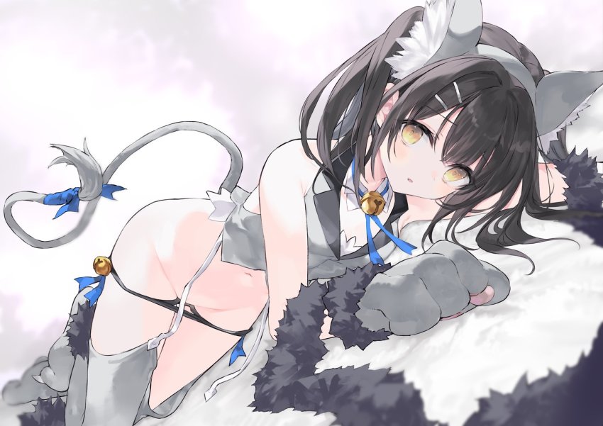 1girl, animal_ear_fluff, animal_ears, animal_hands, bare_shoulders, bell, black_hair, black_panties
