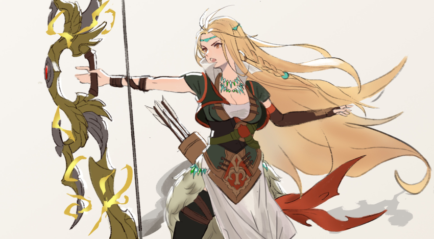 1girl, arrow_(projectile), blonde_hair, bow_(weapon), braid, breasts, brown_eyes, circlet, commission, fire_emblem, fire_emblem:_genealogy_of_the_holy_war, fire_emblem_heroes, fur_trim, highres, holding, holding_weapon, jewelry, jonbur_man, long_hair, looking_to_the_side, nintendo, pixiv_commission, simple_background, ullr_(fire_emblem), very_long_hair, weapon, yewfelle_(fire_emblem)