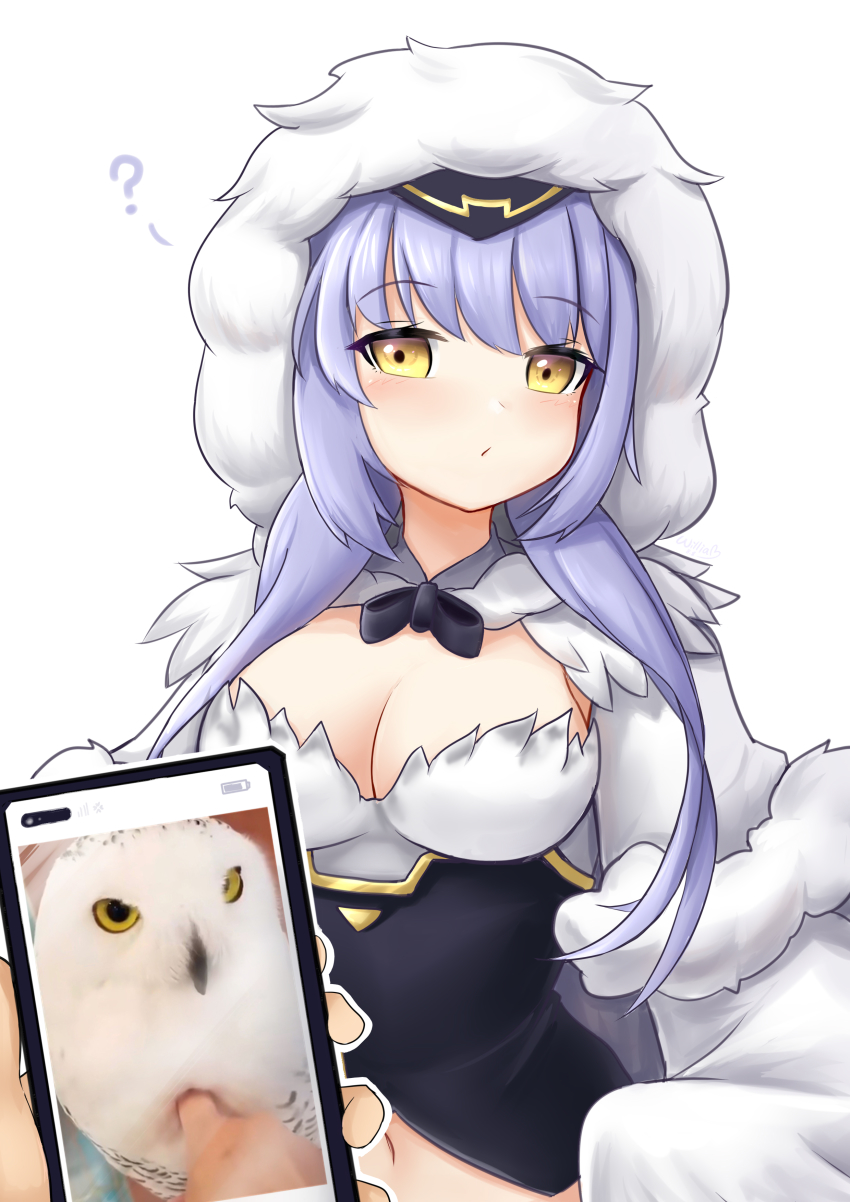 1girl, ?, absurdres, bird, blush, breasts, cellphone, cleavage