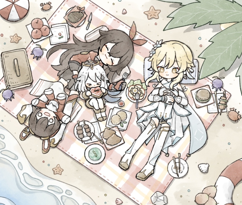 >_<, 3girls, :3, ^_^, amber_(genshin_impact), apple, ball, baron_bunny_(genshin_impact), beach, beachball, blonde_hair, boots, bow, bow_hairband, bread, bread_slice, brown_hair, chicken-mushroom_skewer_(genshin_impact), chopsticks, closed_eyes, commentary, crab, dress, eating, egg, fisherman's_toast_(genshin_impact), food, fork, fruit, genshin_impact, hair_flaps, hair_ornament, hairband, halo, hash_browns, highres, innertube, jacket, looking_at_another, lumine_(genshin_impact), lying, mondstadt_grilled_fish_(genshin_impact), multiple_girls, on_back, outrider's_champion_steak!_(genshin_impact), paimon_(genshin_impact), palm_tree, picnic, picnic_basket, pillow, red_bow, red_hairband, red_jacket, red_legwear, satisfying_salad_(genshin_impact), scarf, shell, shionosuke, short_hair_with_long_locks, sidelocks, skewer, star_(symbol), star_hair_ornament, starfish, steak, stuffed_animal, stuffed_toy, swim_ring, untranslatable_commentary, teddy_bear, thighhighs, toast, tree, water, white_dress, white_footwear, white_hair, white_legwear, white_scarf, wolfhook_(genshin_impact), yellow_eyes