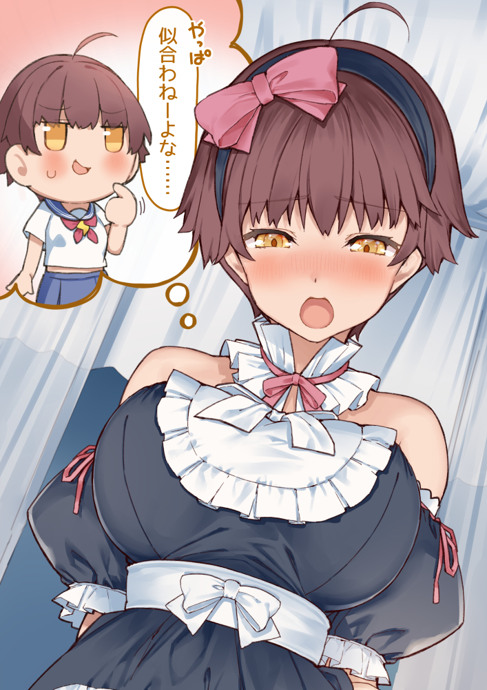 1girl, ahoge, blush, breasts, brown_hair, detached_sleeves, dress, frilled_dress, frills, fuwa_akira, large_breasts, open_mouth, original, ribbon, scratching_chin, speech_bubble, strapless, strapless_dress, thought_bubble, tokuno_yuika, tomboy, translation_request, yellow_eyes