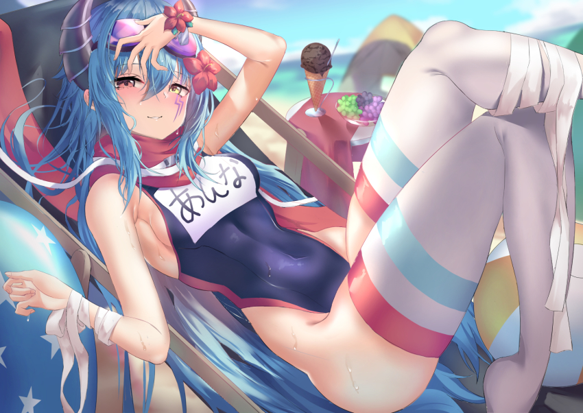 1girl, anna_(princess_connect!), anna_(summer)_(princess_connect!), armpits, ass, ball, bandages, bare_arms, beach, beach_chair, beachball, black_one-piece_swimsuit, blue_hair, blue_sky, blush, breasts, commentary, covered_navel, demon_horns, facial_tattoo, flower, food, foot_out_of_frame, goggles, hair_between_eyes, hair_flower, hair_ornament, hand_on_own_head, hand_up, heterochromia, horns, ice_cream, long_hair, looking_at_viewer, lying, mizuha_(pixiv56938668), name_tag, on_back, one-piece_swimsuit, princess_connect!, red_eyes, red_scarf, scarf, school_swimsuit, sideboob, sidelocks, sky, small_breasts, smile, solo, swimsuit, tattoo, tent, thighhighs, thighs, translated, wavy_hair, yellow_eyes