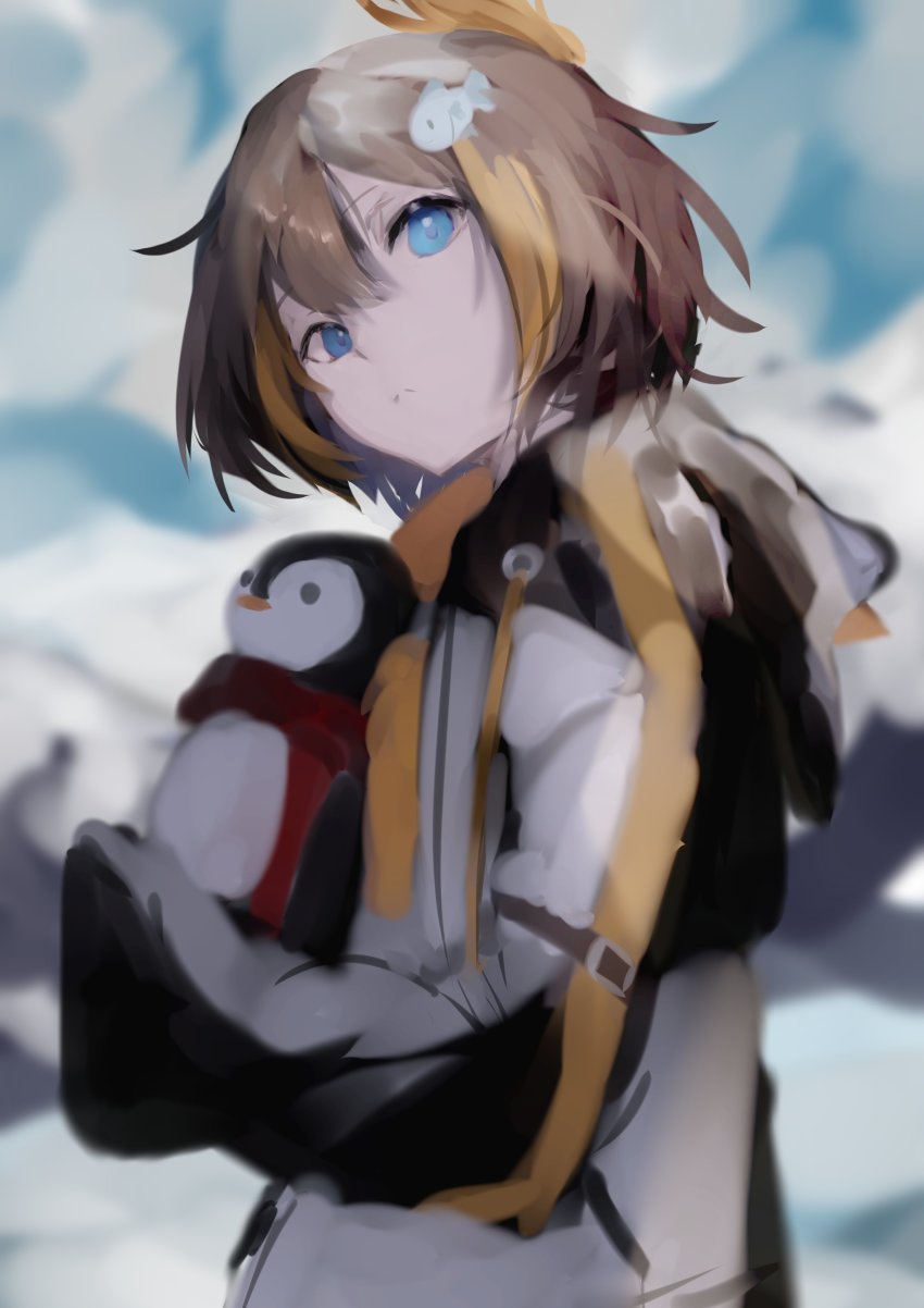 1girl, absurdres, black_hoodie, blue_eyes, brown_hair, closed_mouth, fish_hair_ornament, hair_ornament, highres, hood, hoodie, kakaeru, long_sleeves, multicolored_hair, nijisanji, nijisanji_en, orange_hair, petra_gurin, petra_gurin_(1st_costume), short_hair, sky, sleeves_past_fingers, sleeves_past_wrists, smile, snow, solo, streaked_hair, stuffed_animal, stuffed_penguin, stuffed_toy, two-tone_hoodie, virtual_youtuber, white_hoodie