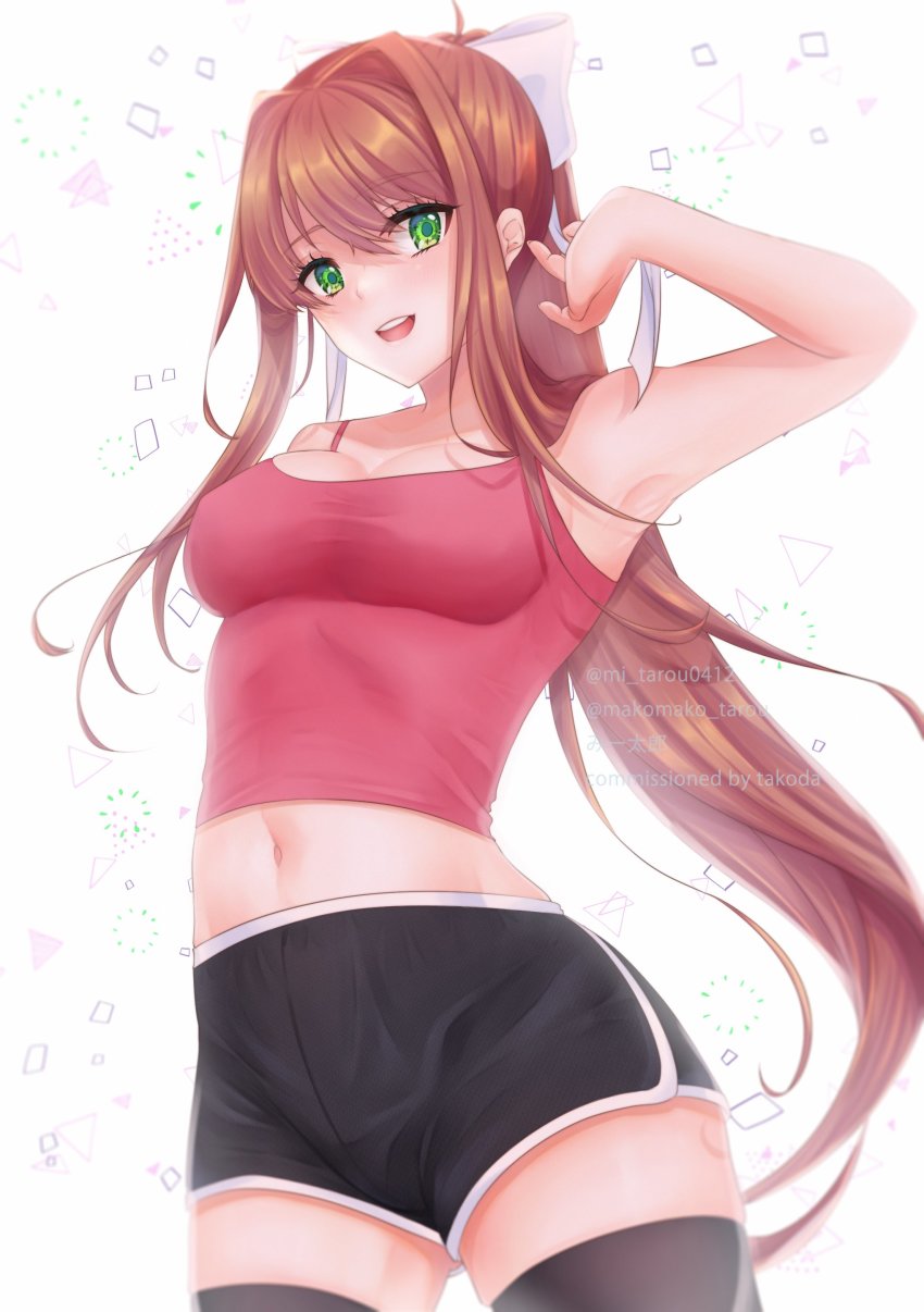 absurdres, armpits, black_shorts, black_thighhighs, bow, breasts, brown_hair, doki_doki_literature_club
