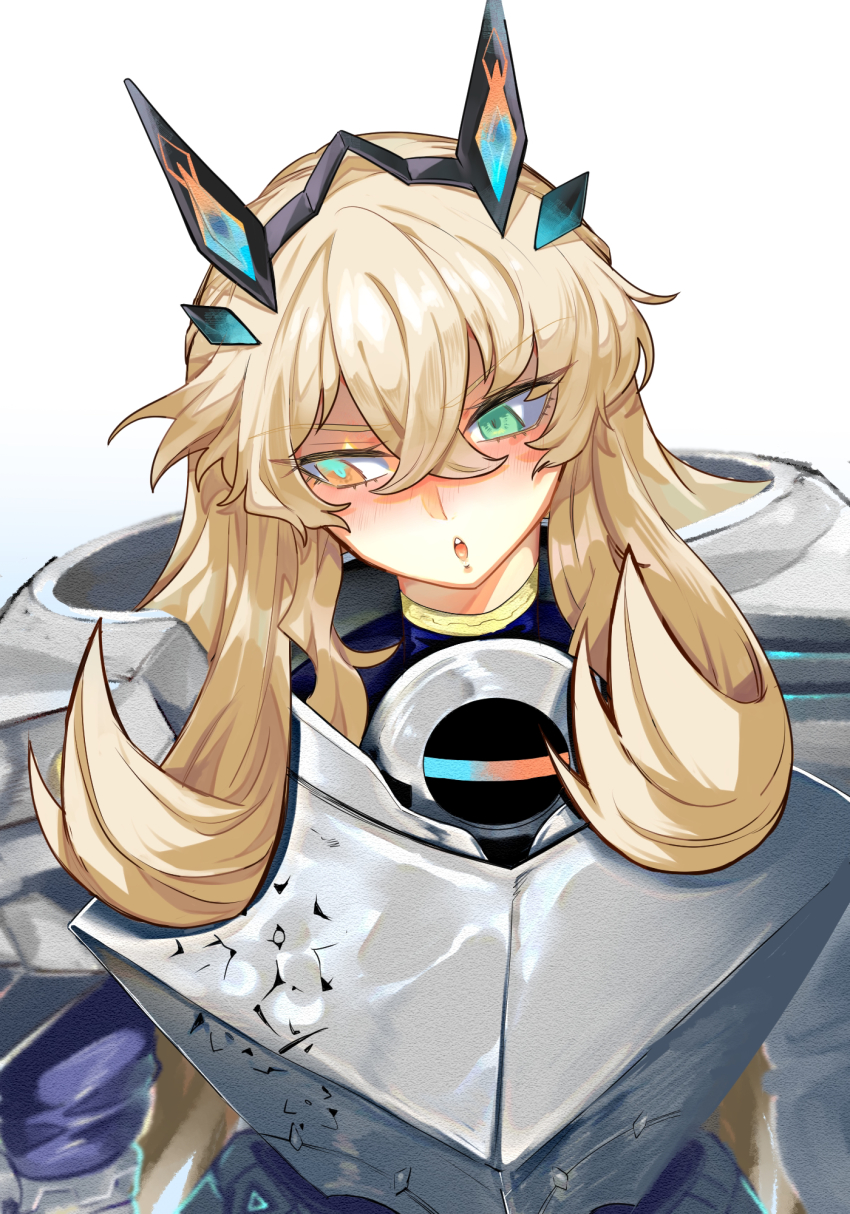 1girl, armor, blonde_hair, breastplate, breasts, barghest_(fate), barghest_(first_ascension)_(fate), fate/grand_order, fate_(series), green_eyes, highres, horns, kupi, large_breasts, long_hair, looking_to_the_side, parted_lips, pauldrons, shoulder_armor, solo