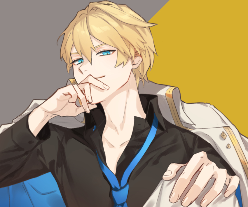 1boy, black_shirt, blonde_hair, blouse, blue_eyes, blue_necktie, collarbone, collared_shirt
