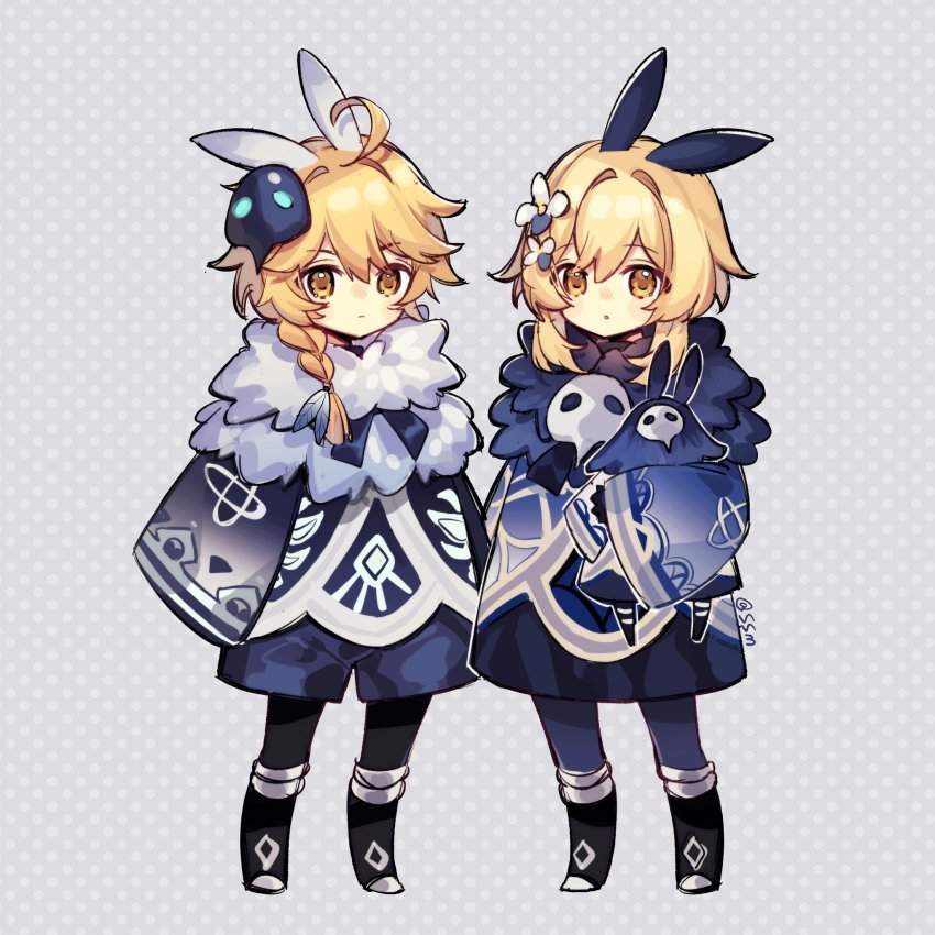 1boy, 1girl, abyss_mage_(genshin_impact), abyss_mage_(genshin_impact)_(cosplay), aether_(genshin_impact), aged_down, ahoge, animal_ears