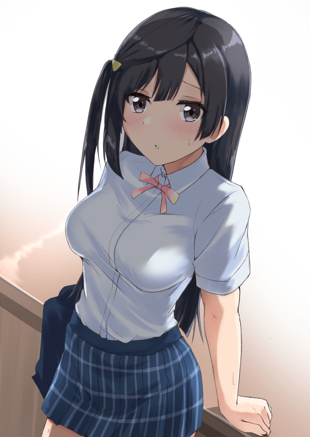 1girl, aqua_shirt, artist_name, artist_request, black_hair, black_skirt, blue_hair, blush