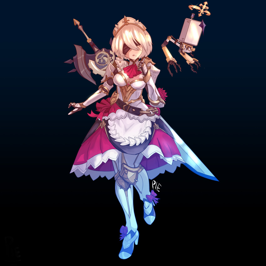 1girl, 2b_(nier:automata), alternate_costume, apron, armor, armored_boots, armored_dress, ascot