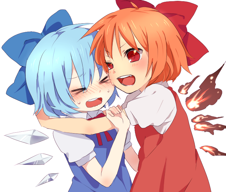 >_<, 2girls, achi_cirno, alternate_color, alternate_element, bad_id, bad_pixiv_id, blue_hair