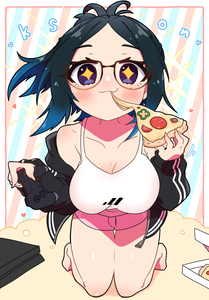 +_+, 1girl, :3, black_hair, black_jacket, blue_eyes, blue_hair, breasts, character_name, cleavage, controller, eating, folded_ponytail, food, full_body, game_console, game_controller, glasses, gradient_hair, highres, jacket, kneeling, kson, kson_(person), large_breasts, multicolored_hair, pink_shorts, pizza, pizza_box, playstation_4, playstation_controller, real_life, sakuramochi_(sakura_frappe), short_shorts, shorts, smile, solo, striped_background, tank_top, virtual_youtuber, vshojo