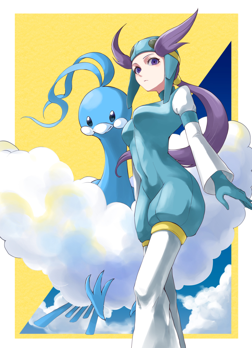 1girl, absurdres, altaria, border, breasts, closed_mouth, cloud, commentary_request