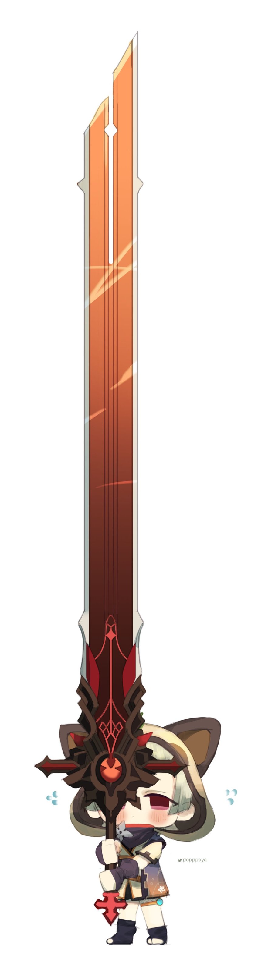 1girl, absurdres, animal_hood, blush, chibi, genshin_impact, gloves, grey_hair, highres, holding, holding_sword, holding_weapon, hood, hood_up, hoodie, oversized_object, pepppaya, purple_eyes, sayu_(genshin_impact), short_sleeves, shuriken, simple_background, solo, standing, sword, weapon, white_background