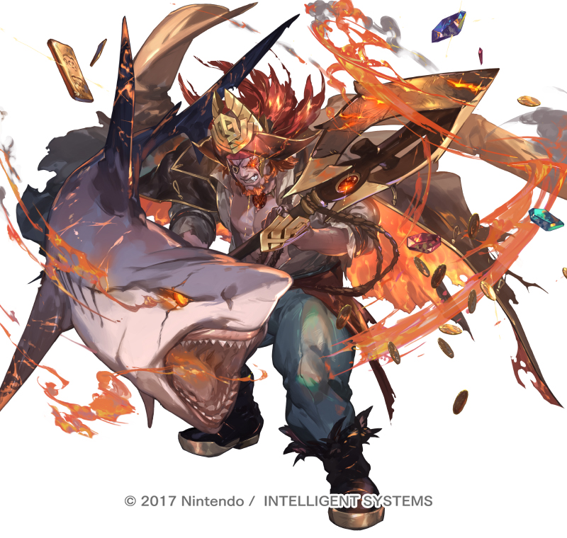 1boy, beard, black_boots, black_coat, black_hat, black_sclera, blue_gem, blue_pants