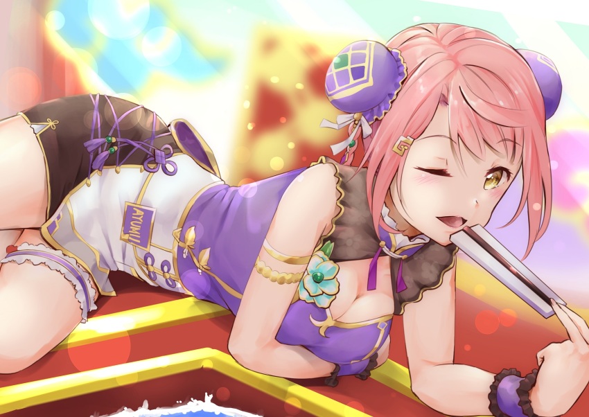 1girl, armlet, blurry, blurry_background, blush, braid, breasts, china_dress, chinese-styled_maid's_passionate_welcome_(love_live!), chinese_clothes, cleavage, crossed_bangs, detached_collar, dress, hayaoki_(asagi-iro_seishun-bu), highres, holding, jewelry, looking_at_viewer, love_live!, love_live!_nijigasaki_high_school_idol_club, lying, maid, medium_breasts, medium_hair, nail_polish, name_tag, on_side, one_eye_closed, open_mouth, pink_hair, pink_nails, purple_dress, qi_maid, sidelocks, solo, thigh_strap, uehara_ayumu, wrist_cuffs, yellow_eyes