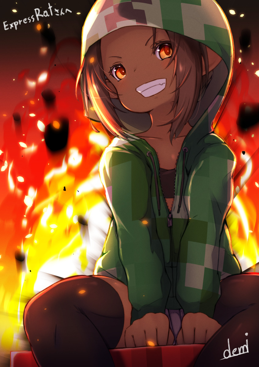 bandeau, between_legs, black_thighhighs, blurry, blurry_background, brown_eyes, brown_hair, collarbone