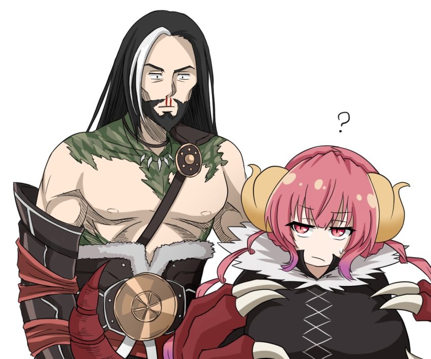 1boy, 1girl, ?, armor, black_hair, blood, breasts, crossover