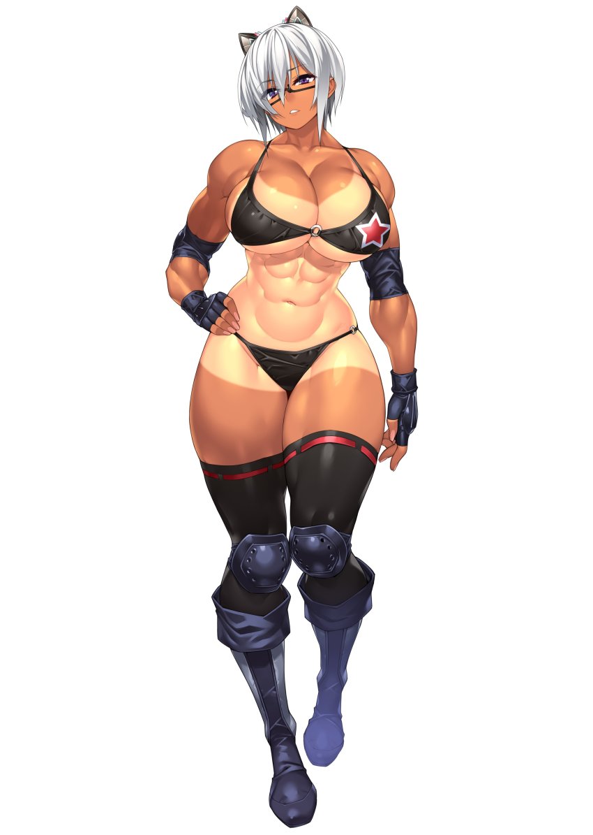 1girl, 23_(real_xxiii), abs, absurdres, anonyma, bare_shoulders, bikini, black-framed_eyewear, black_bikini, black_thighhighs, boots, breasts, cleavage, collarbone, commentary_request, elbow_pads, fingerless_gloves, full_body, glasses, gloves, hair_between_eyes, hand_on_own_hip, highres, huge_breasts, knee_pads, lace-up_boots, looking_at_viewer, multicolored_boots, muscular, muscular_female, nanashi_no_touhoku_kenjin, narrow_waist, navel, o-ring, o-ring_bikini, parted_lips, purple_eyes, same_ningen, semi-rimless_eyewear, short_hair, silver_hair, simple_background, solo, stomach, swimsuit, tan, tanline, thighhighs, translation_request, two-tone_boots, under-rim_eyewear, white_background