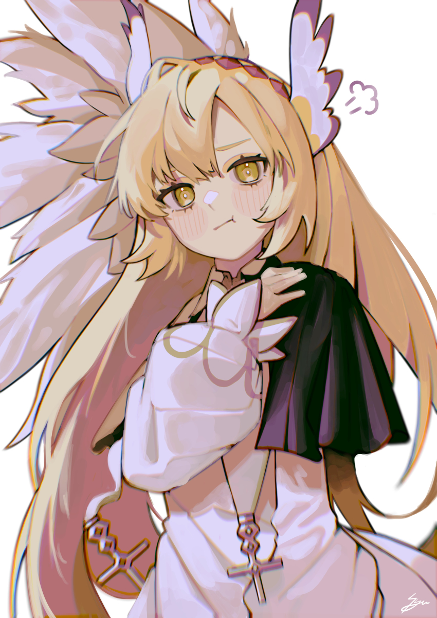 1girl, absurdres, alchemy_stars, angel_(alchemy_stars), blonde_hair, blush, hairband, highres, jewelry, long_hair, looking_at_viewer, necklace, pout, simple_background, solo, syu45, white_background, yellow_eyes