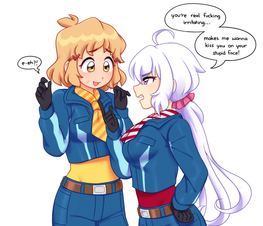 2girls, brown_hair, claud_(potetew), dialogue_box, english_text, hair_ornament, hairclip, highres, md5_mismatch, multiple_girls, purple_eyes, resolution_mismatch, senki_zesshou_symphogear, source_smaller, tachibana_hibiki_(symphogear), transparent_background, tsundere, white_hair, yellow_eyes, yukine_chris, yuri