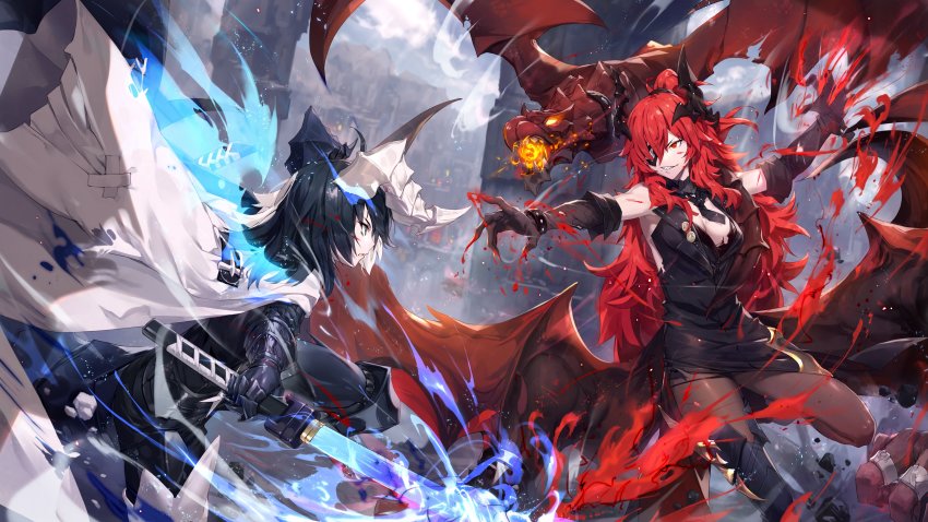 2girls, absurdres, alchemy_stars, black_gloves, black_hair, black_legwear, boots, breasts