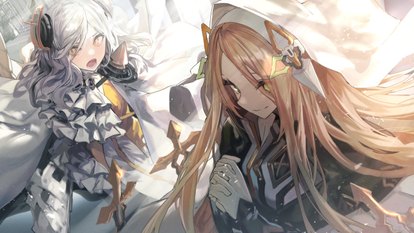 2girls, akieda, alchemy_stars, blonde_hair, carleen_(alchemy_stars), green_eyes, hair_ornament, highres, long_hair, looking_at_viewer, multiple_girls, nun, open_mouth, own_hands_together, praying, shirt, smile, teeth, uriah_(alchemy_stars), white_shirt, yellow_eyes