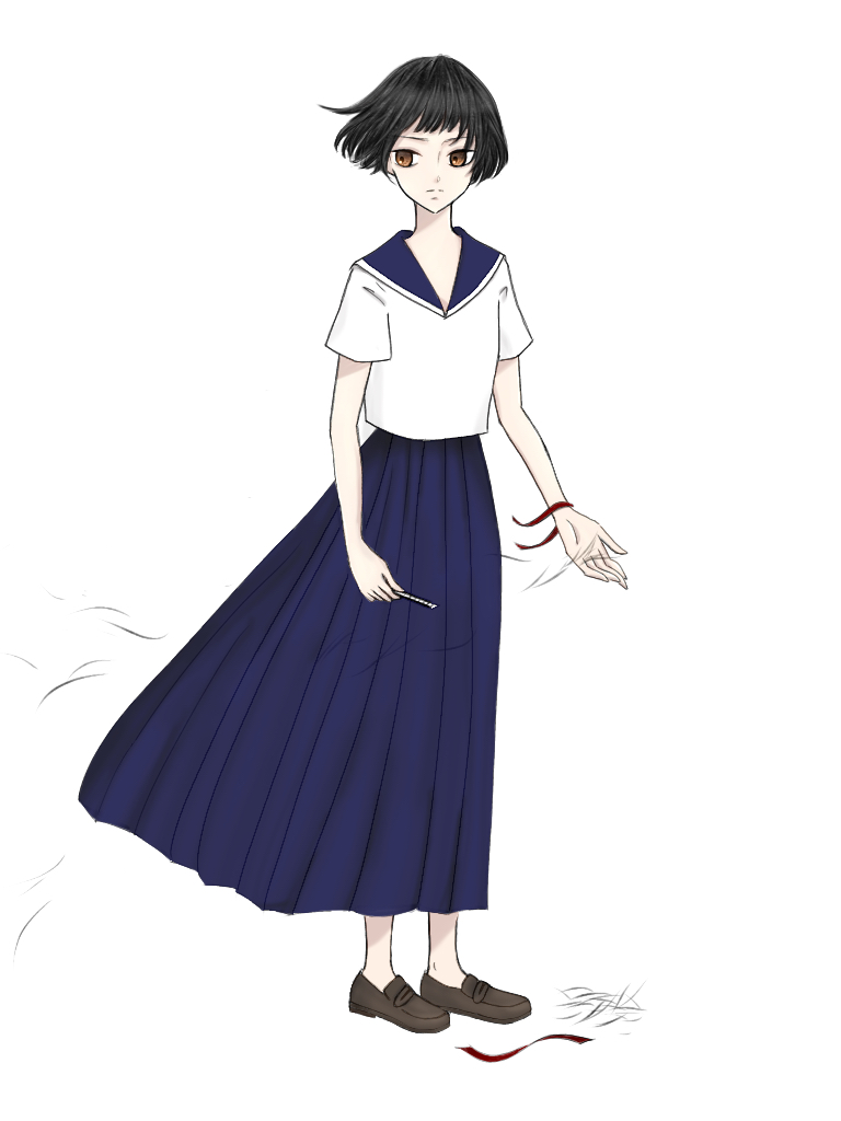 1girl, black_hair, blue_skirt, bob_cut, brown_eyes, brown_footwear, cutting_hair, cutting_own_hair