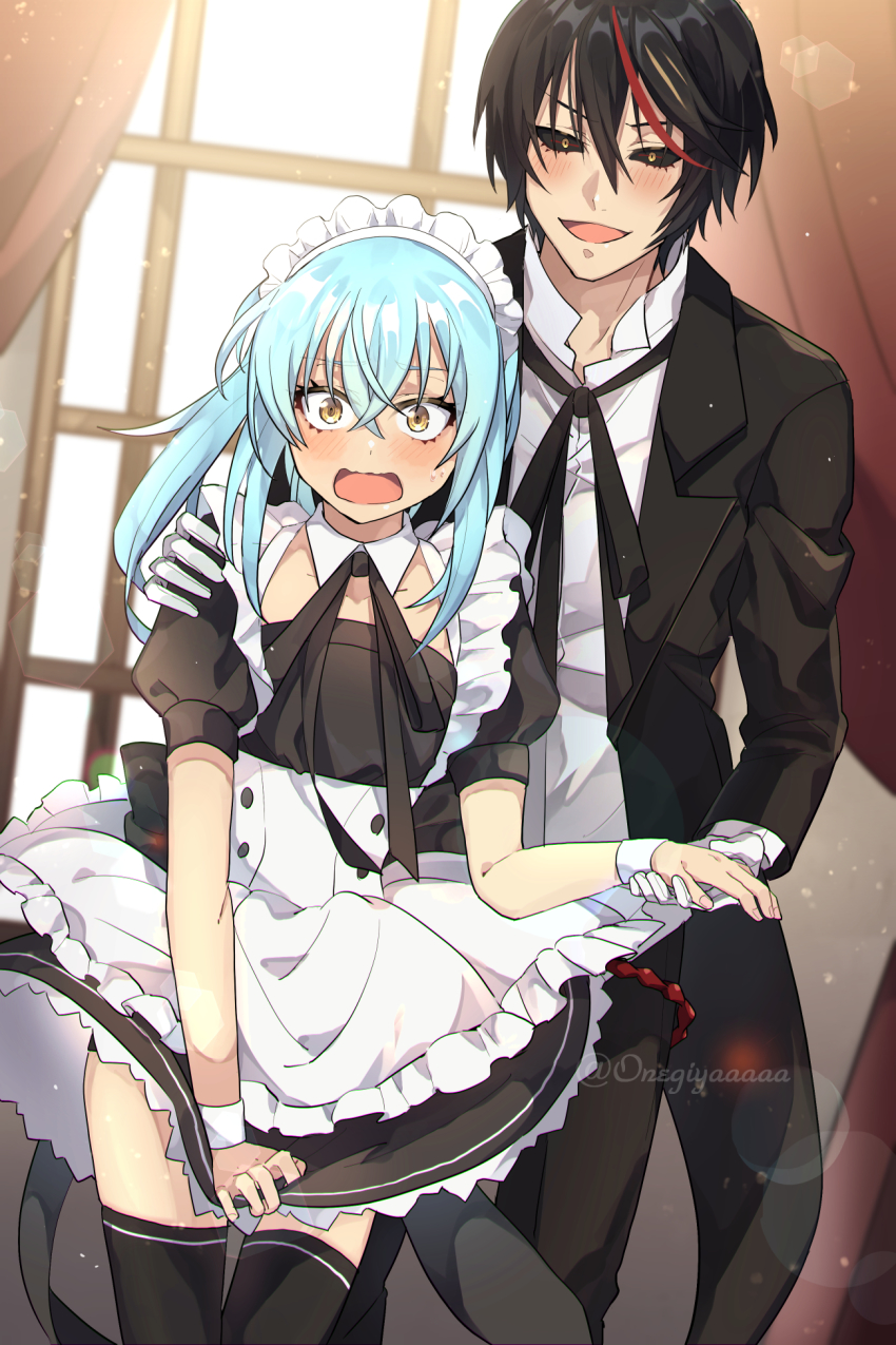 1boy, 1girl, :d, alternate_costume, apron, black_hair, black_jacket, black_pants, black_ribbon, black_sclera, black_shirt, black_skirt, black_thighhighs, blue_hair, blush, collarbone, colored_sclera, covering_crotch, covering_privates, detached_collar, diablo_(tensura), dress_shirt, embarrassed, enmaided, gloves, highres, holding_hands, indoors, jacket, lens_flare, long_hair, long_sleeves, maid, maid_headdress, multicolored_hair, neck_ribbon, open_clothes, open_jacket, open_mouth, ou_negi, pants, ribbon, rimuru_tempest, shirt, short_hair, short_sleeves, shoulder_grab, skirt, skirt_tug, smile, standing, streaked_hair, tensei_shitara_slime_datta_ken, thighhighs, twitter_username, white_apron, white_gloves, white_shirt, wrist_cuffs, yellow_eyes, zettai_ryouiki
