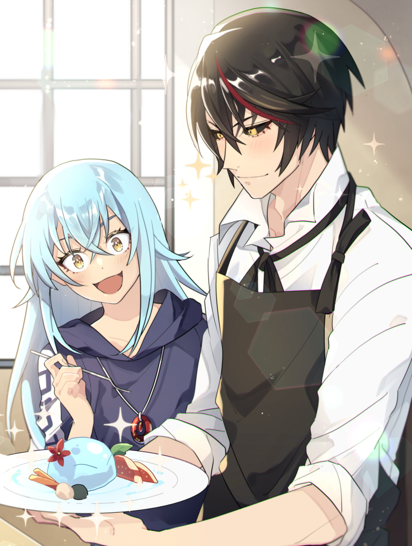 1boy, 1other, :d, androgynous, apron, black_apron, black_hair, black_ribbon