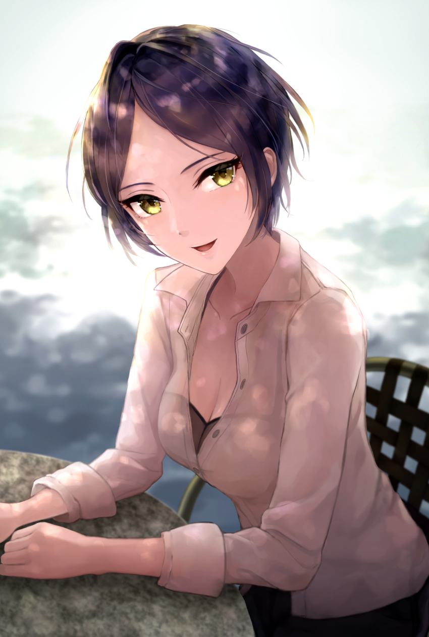 1girl, :d, absurdres, black_hair, bra, breasts, chair, cleavage