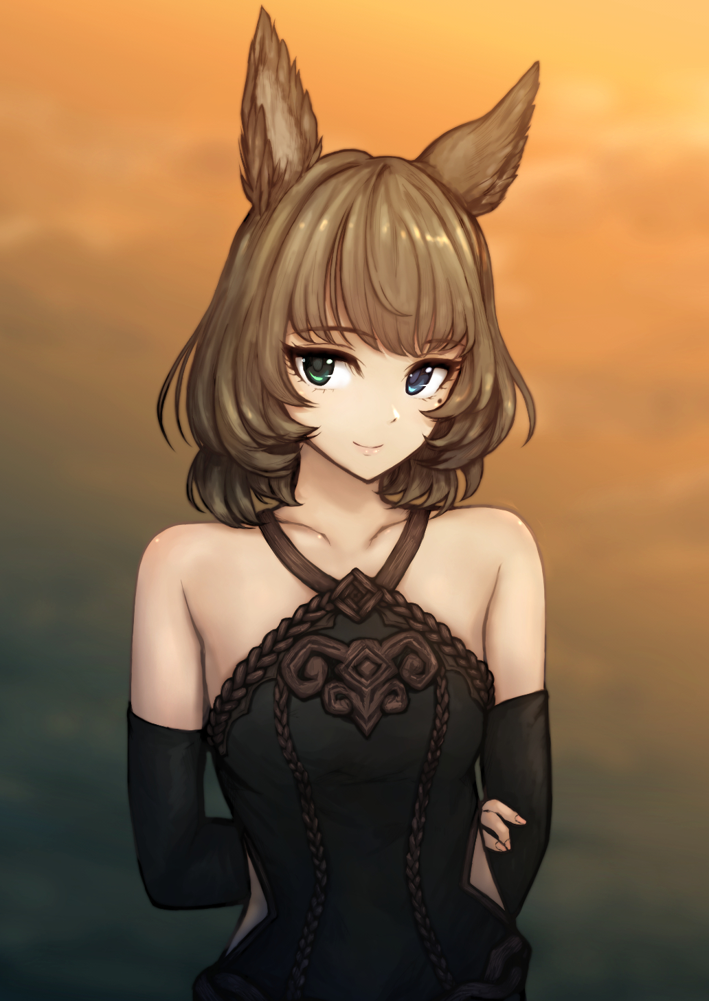 1girl, arms_behind_back, black_sleeves, blue_eyes, brown_hair, closed_mouth, collarbone, detached_sleeves