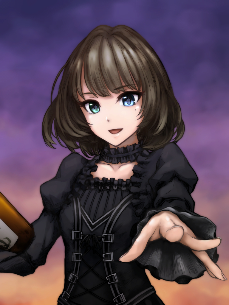 1girl, :d, black_choker, black_dress, blue_eyes, brown_hair, choker, collarbone