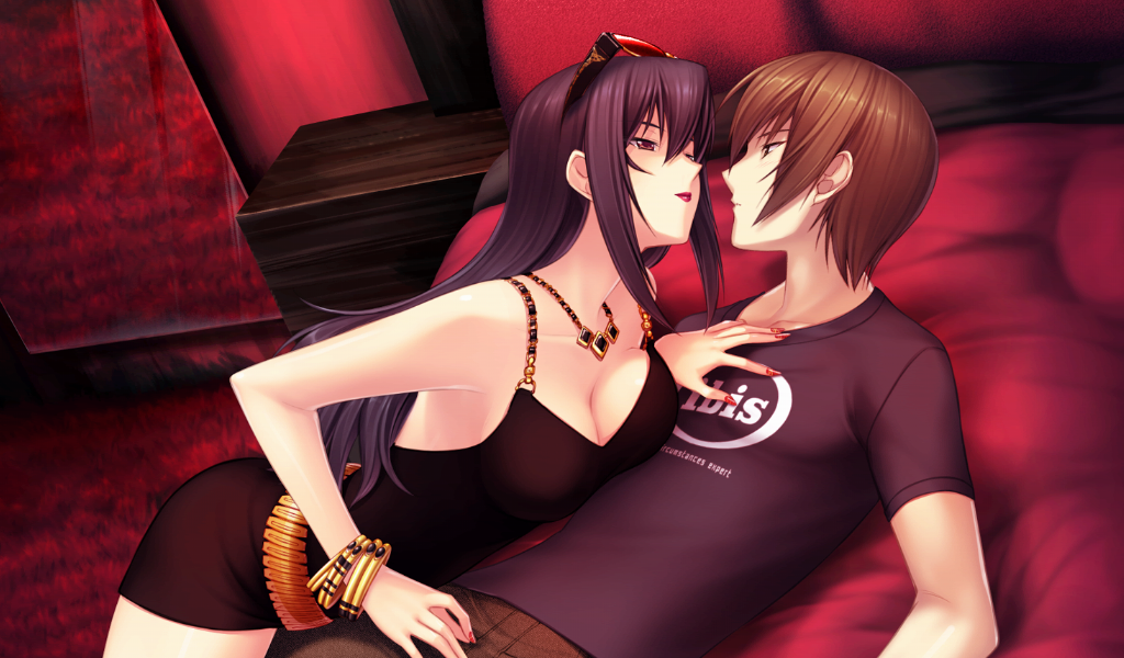 1boy, 1girl, black_dress, black_hair, black_pants, black_shirt, bracelet, breast_press, breasts, brown_hair, cleavage, collarbone, couple, dress, eye_contact, game_cg, hetero, imminent_kiss, indoors, jewelry, kimi_ga_ita_kisetsu, kouzuki_mitsuko_(kimi_ga_ita_kisetsu), large_breasts, long_hair, looking_at_another, maejima_masaki, miyata_sou, nail_polish, necklace, official_art, pants, print_shirt, profile, red_eyes, red_lips, red_nails, shirt, short_dress, short_hair, short_sleeves, sleeveless, sleeveless_dress, straight_hair, t-shirt, very_long_hair