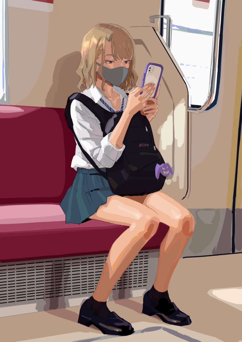1girl, backpack, bag, bag_on_lap, black_shoes, black_socks, blonde_hair, blue_skirt